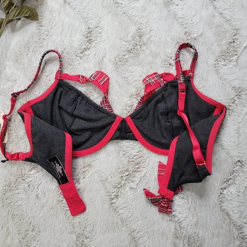 Victoria's Secret Gray Red Plaid Trim Bells Accent Unlined Demi Bra NWT Size 36D